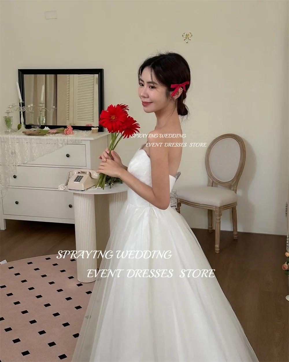 SPRAYING 2024 Korea Sweetheart Satin Tulle Wedding Dress Photoshoot Floor-Length Long Bridal Gown Pleat Puffy Skirt Corset Back