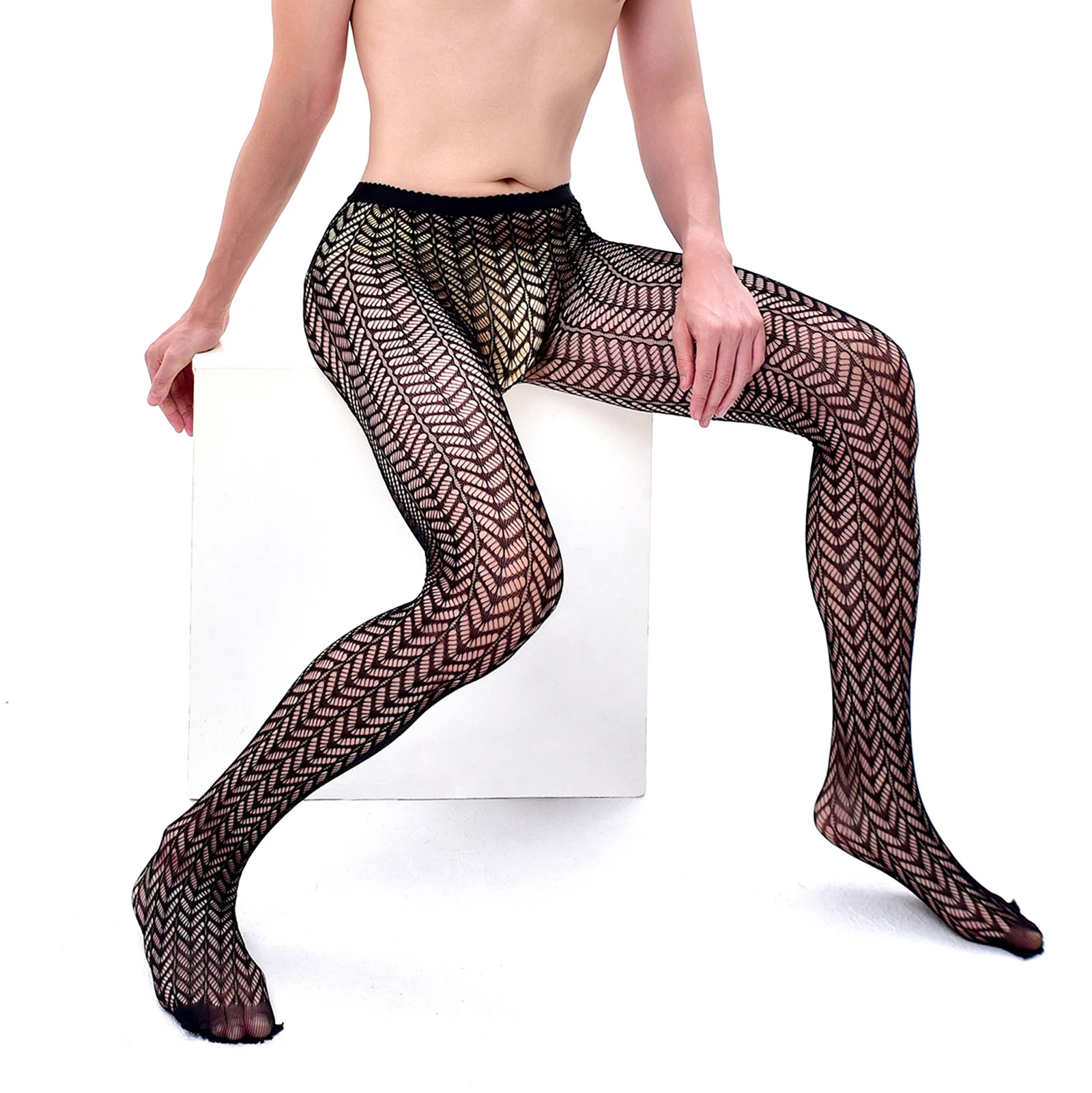 CLEVER-MENMODE Long Stockings Sexy Men Bulge Pouch Fishnet Tight Pantyhose Ultra Thin Fetish Elastic Leggings Club Wear