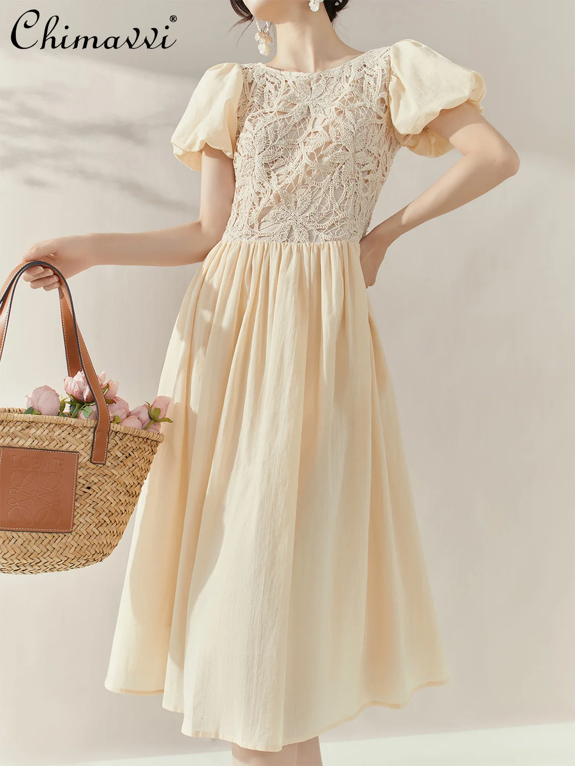 

French Elegant Temperament Summer Dresses Hollow Lace Embroidery Crew Neck Bubble Sleeve High Waist Slim A-line Long Dress Women