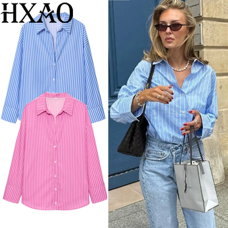 

HXAO Striped Women's Shirt Summer Long Sleeve Woman Shirts Office Casual Button Up Shirts Summer Pink Top Blue White Long Shirt