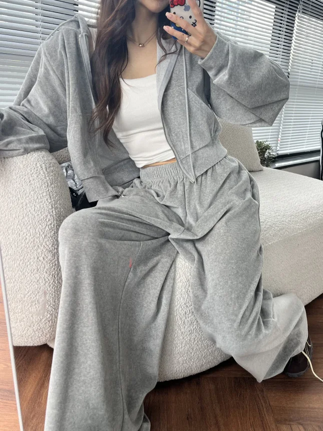 

Женская толстовка с капюшоном Sli из двух предметов, комплект свободных широких брюк, модная повседневная антивозрастная модная корейская зимняя одежда