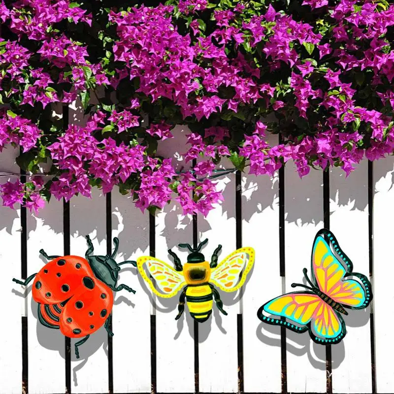 Vintage 3D Metal Butterfly Ladybug Bee Wall Art Hanging Decor Wrought Iron Wall Hanging Sculpture Garden Home Party Decoration