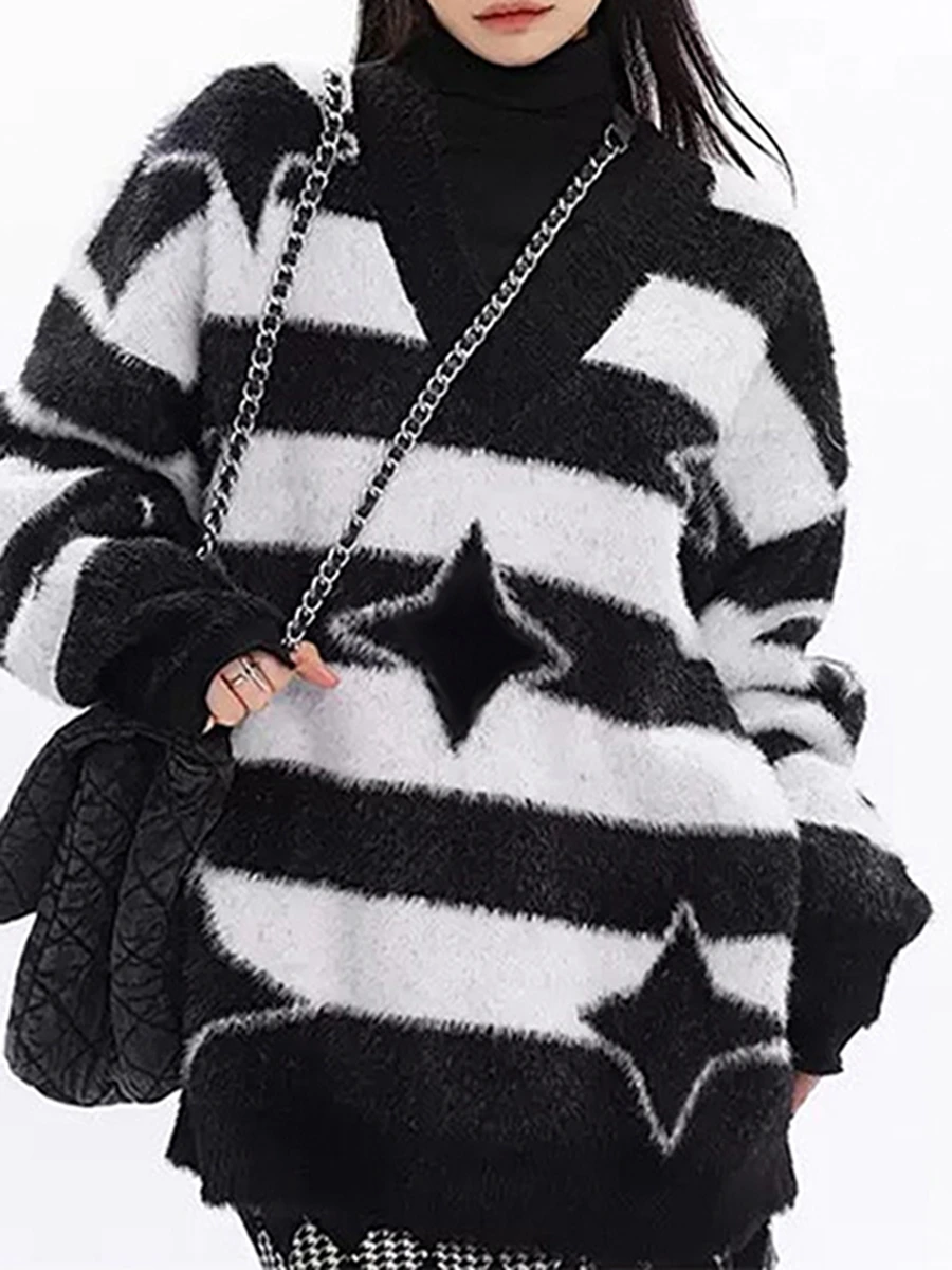 Men Warm Sweater Lightweight Striped Print V Neck Knitted Jumper Fall Casual Pullovers Tops for Streetwear