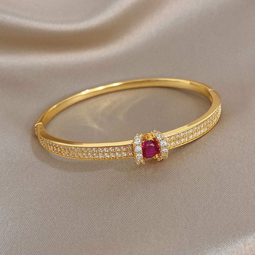 

DODOHAO Classic Rhinestone Inlaid Golden Silvery Bangle for Women Rose Red Zircon Spring Bracelet Stackable Hand Jewelry Gift