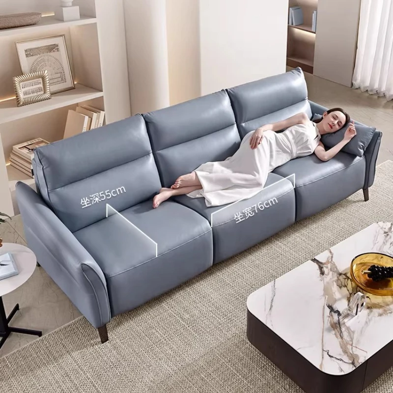Leather Sofa Living Room Straight Row Large Apartment First Layer Cowhide Modern Simple Electric Function