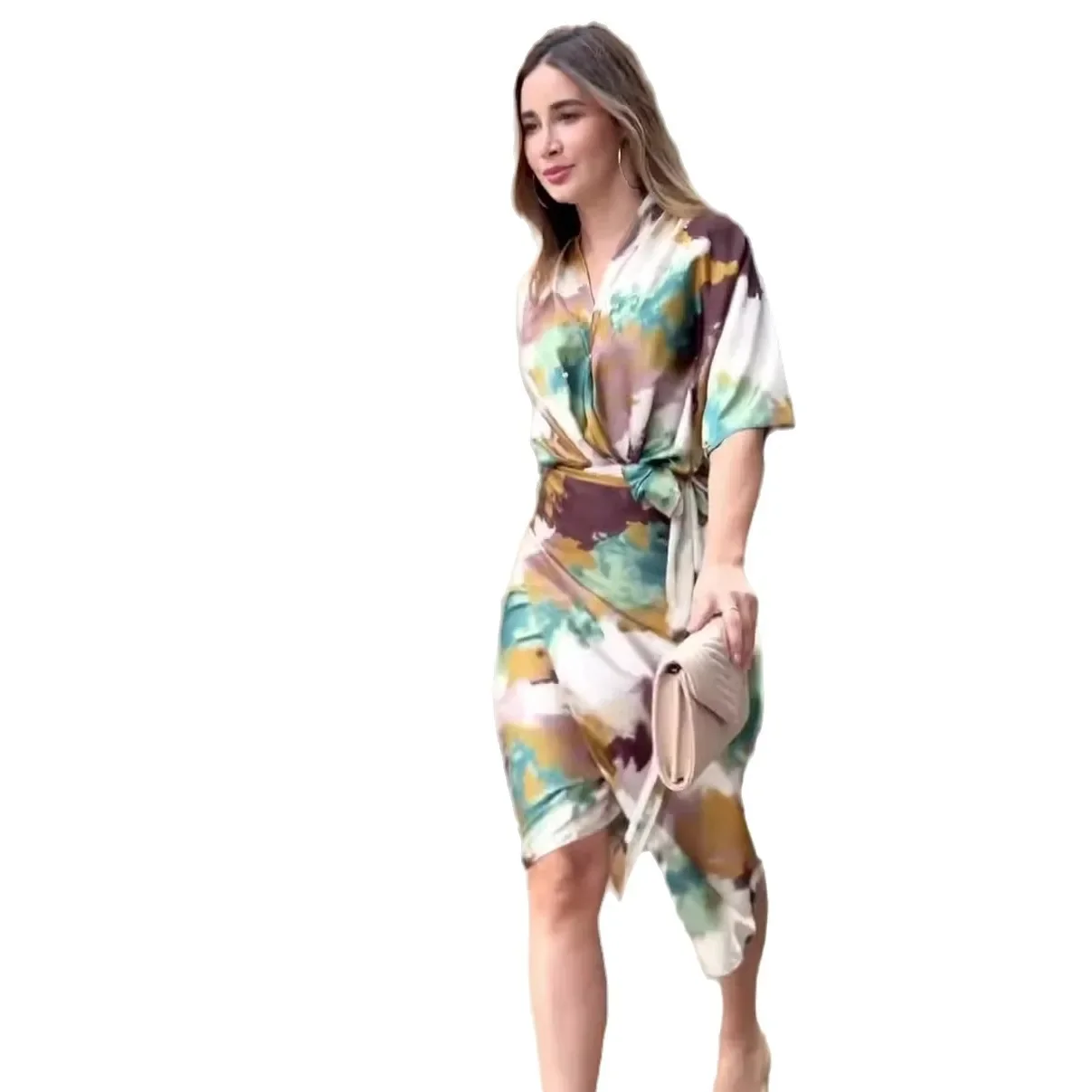 Women's Clothing V-neck High Waist Slim Fashion Tie Dye Printed Sheath Dress
