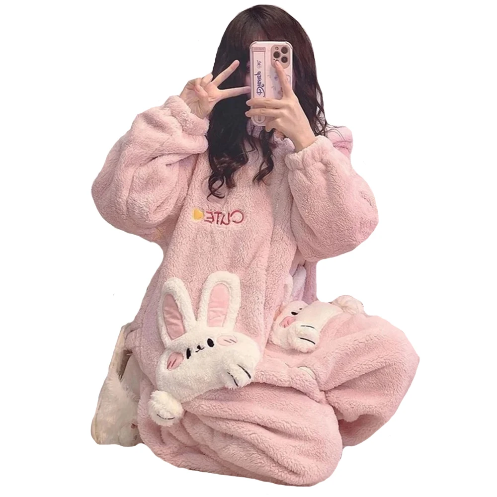 Thick Warm Flannel Winter Adult Animal Onesie Pajamas Pink Rabbit Sweet Lovely Women Cosplay Costume Sleepwear One-Piece Pyjamas