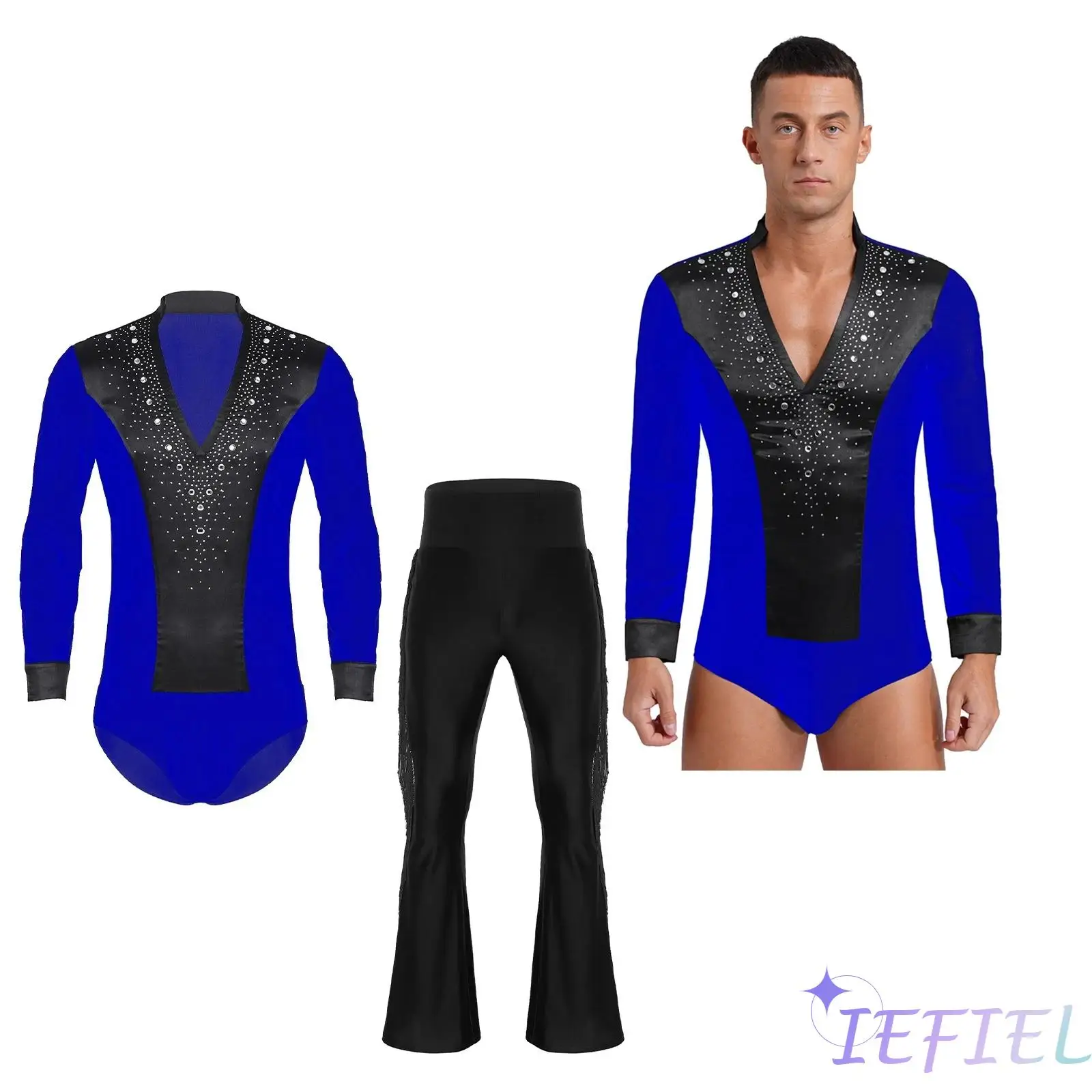 بدلة رقص للرجال مكونة من قطعتين لملابس السالسا التانغو اللاتينية على الجليد ملابس أداء مرقعة برقبة على شكل حرف v مع بنطال متوهج بشراشيب