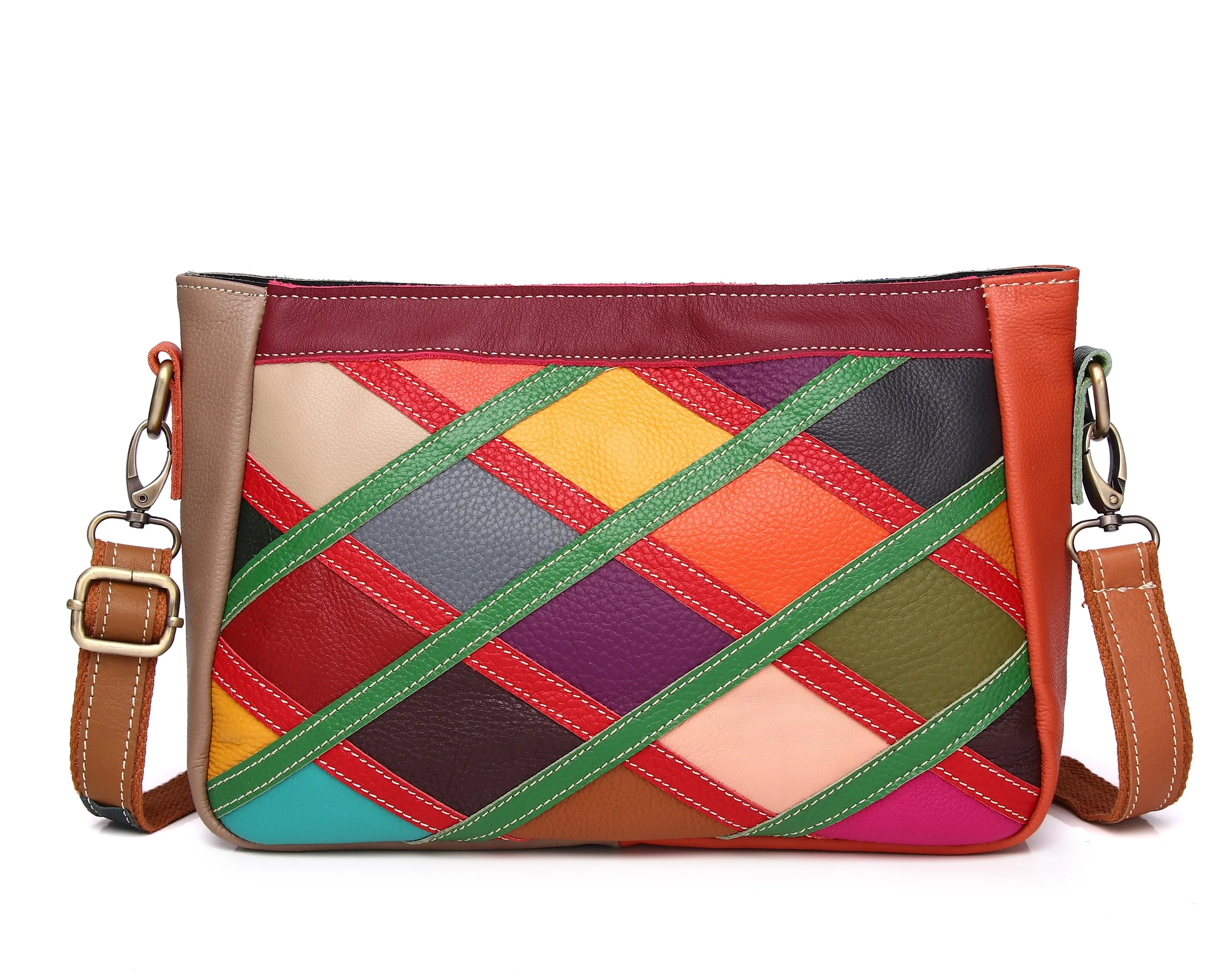  New Diamond Pattern Leather Spliced Color Envelope Bag Casual Ethnic Style Cowhide Single Shoulder Slant Cross Women's B...
