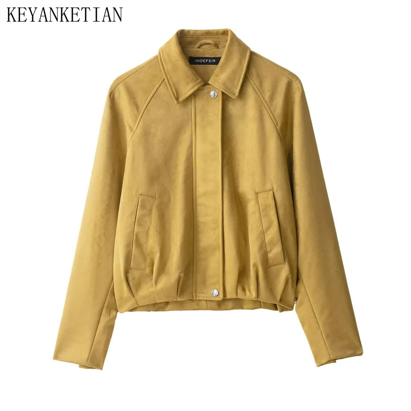 KEYANKETIAN Autumn And Winter New Women's Clothing Lapel Side Pocket Simple Suede Pilot Leather Jacket Women Leather Coat