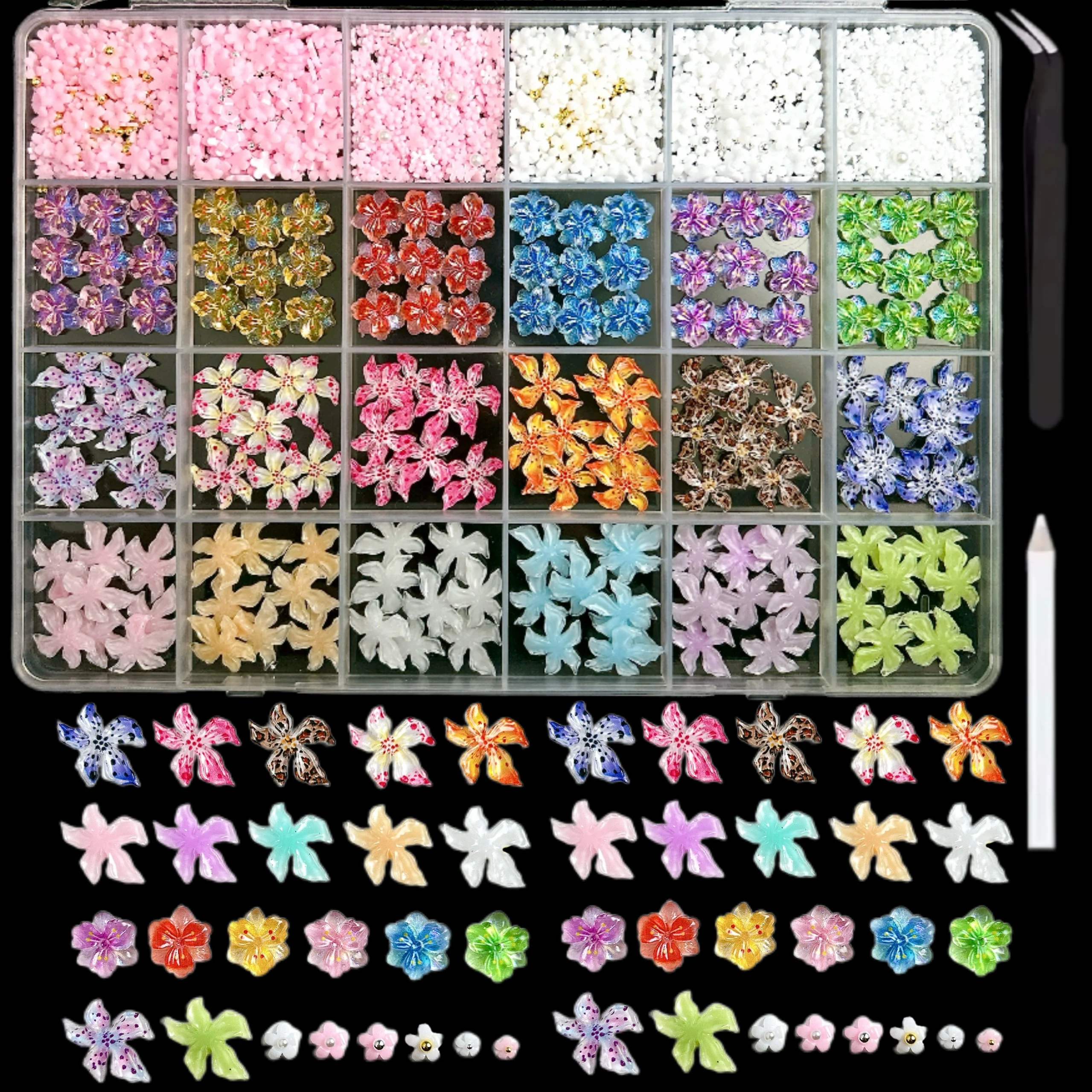 1 scatola di ghiaccio trasparente a cinque petali fiori in resina pendenti per unghie multi-colori creativi morbidi fiori di mulino a vento decorazioni per unghie fai da te