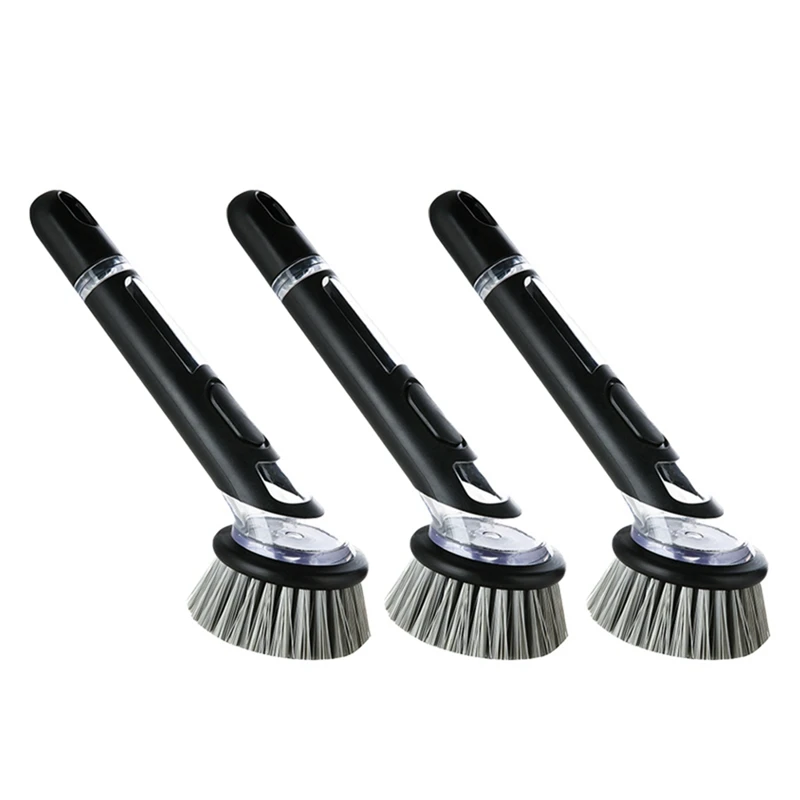 3 PCS Dishwashing Brush With Soap Dispenser Kitchen Dishwashing Brush Black & Gray Plastic Is Suitable For Tableware/Pans/Pots