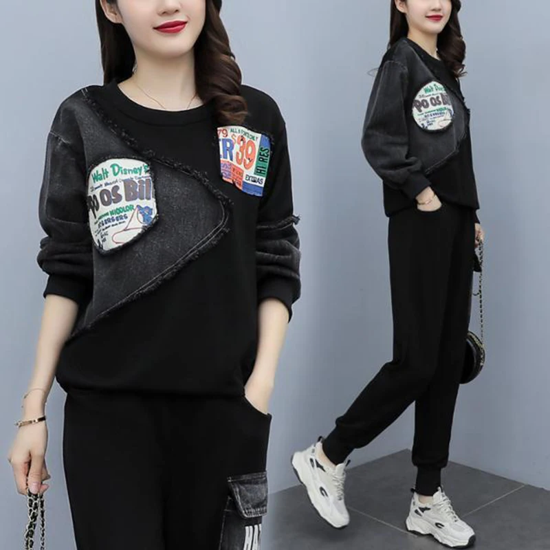 

Ковбойский повседневный комплект для женщин, новинка 2025, модный свободный пуловер с круглым вырезом и узкими брюками, комплект из двух предметов