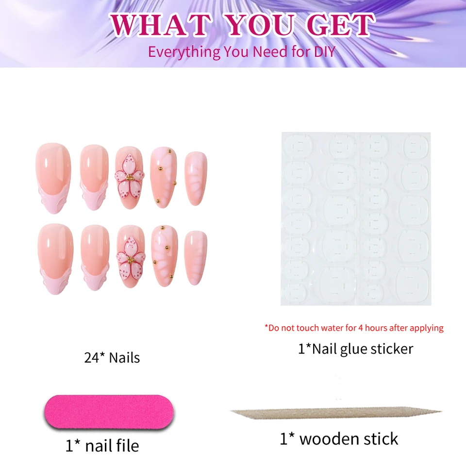 24 piezas de uñas postizas almendradas estilo Y2K con flores 3D de gel blanco, decoradas con cuentas doradas, para parches de manicura francesa 5