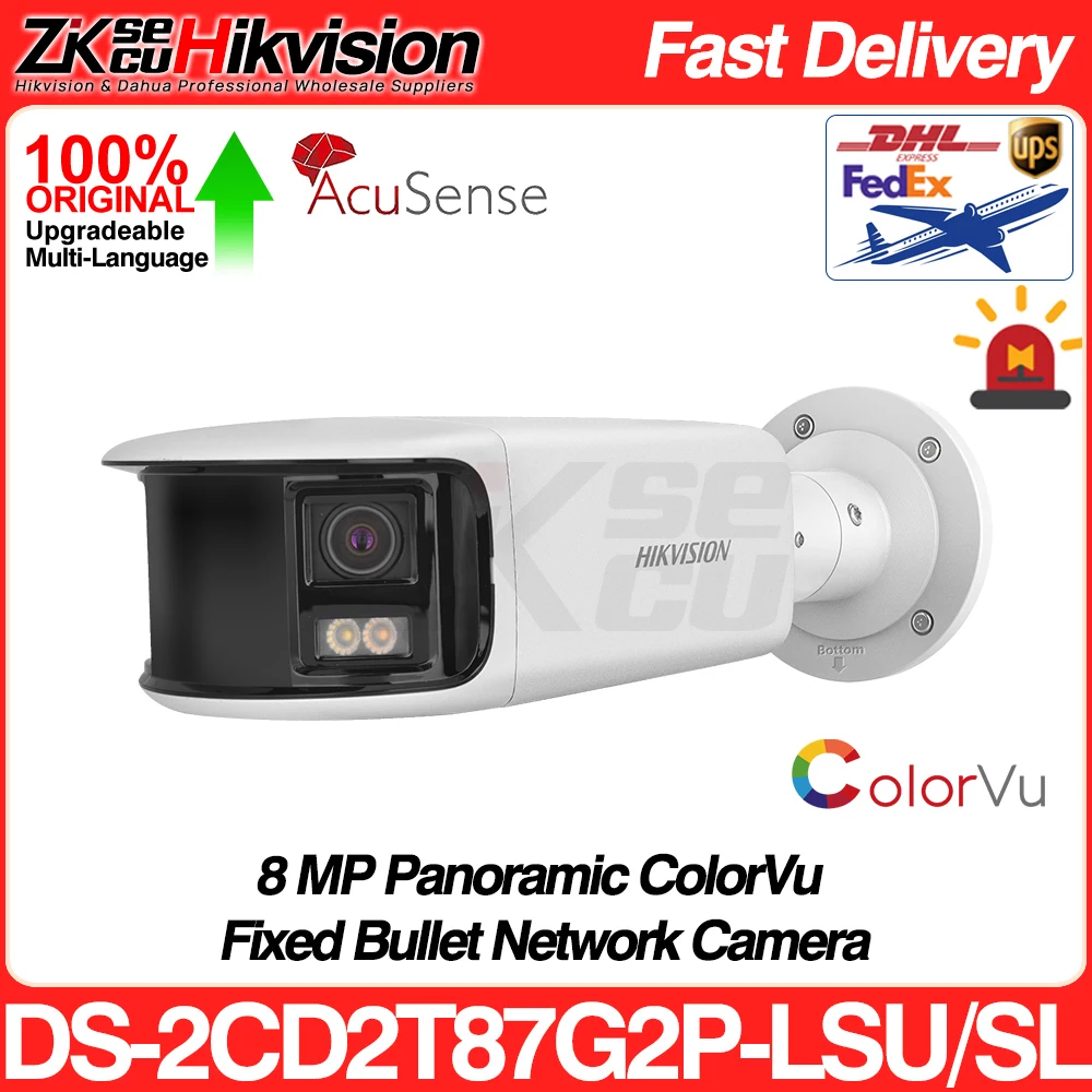 hikvision lente dupla panoramica colorvu bala camera ip luz estroboscopica de audio alarme sonoro audio 2 way ds2cd2t87g2p lsu sl 8mp 01