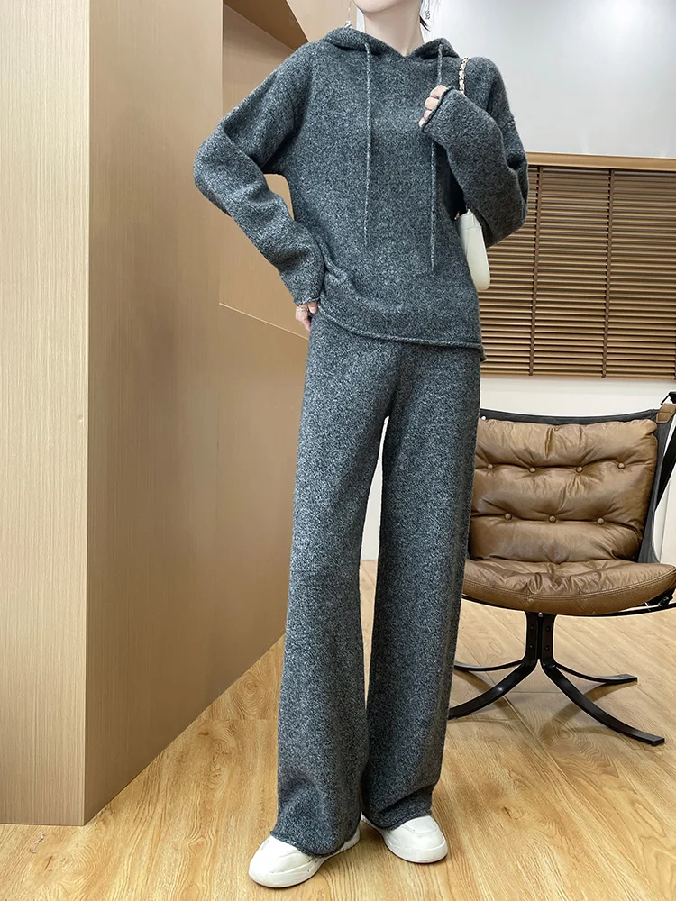 Women Wool Hooded Pullover Straight Pant Suit Autumn Winter 100% Merino Wool Knitwear Sweater Pants Casual Loose Set Clothes