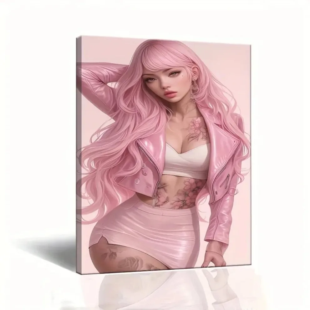 HD Metal Tin Sign Stunning Pink Hair Tattooed Girl in Pink Leather Jacket Wall Art Retro Metal Plaque for Man Cave Decor 8x12 In