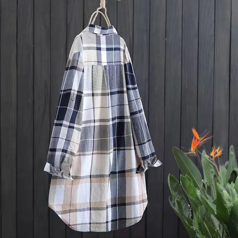 Plaid Cotton Mid Length Blouses Women 2023 Autumn Long Sleeve Elegant Casual Shirt Korean Fashion New Loose Button Blouses