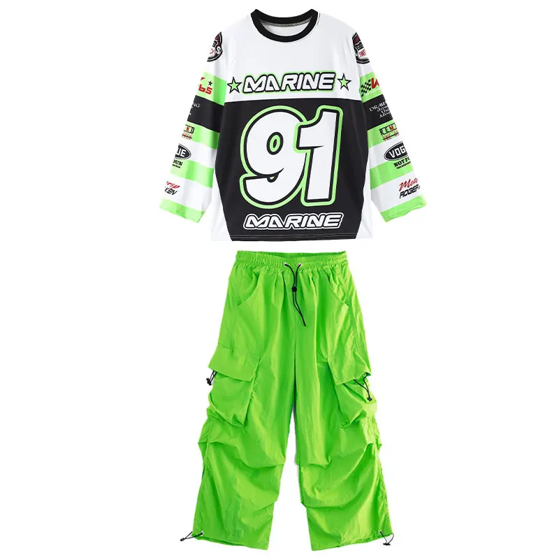 Novas meninas legal k-pop moletom verde calças de carga outfit meninos hip hop rua dança conjuntos roupas grupo jazz streetwear trajes