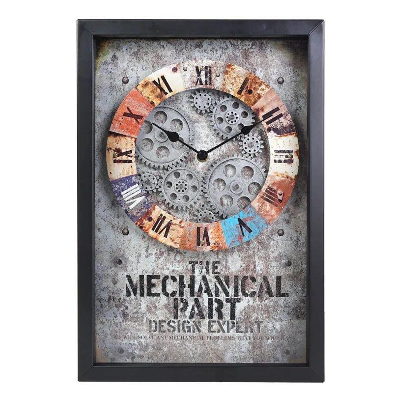 American Retro Iron Rotating Gear Wall Clock European Metal Square Clock Living Room Decorative Personalized Pointer Wall Clock