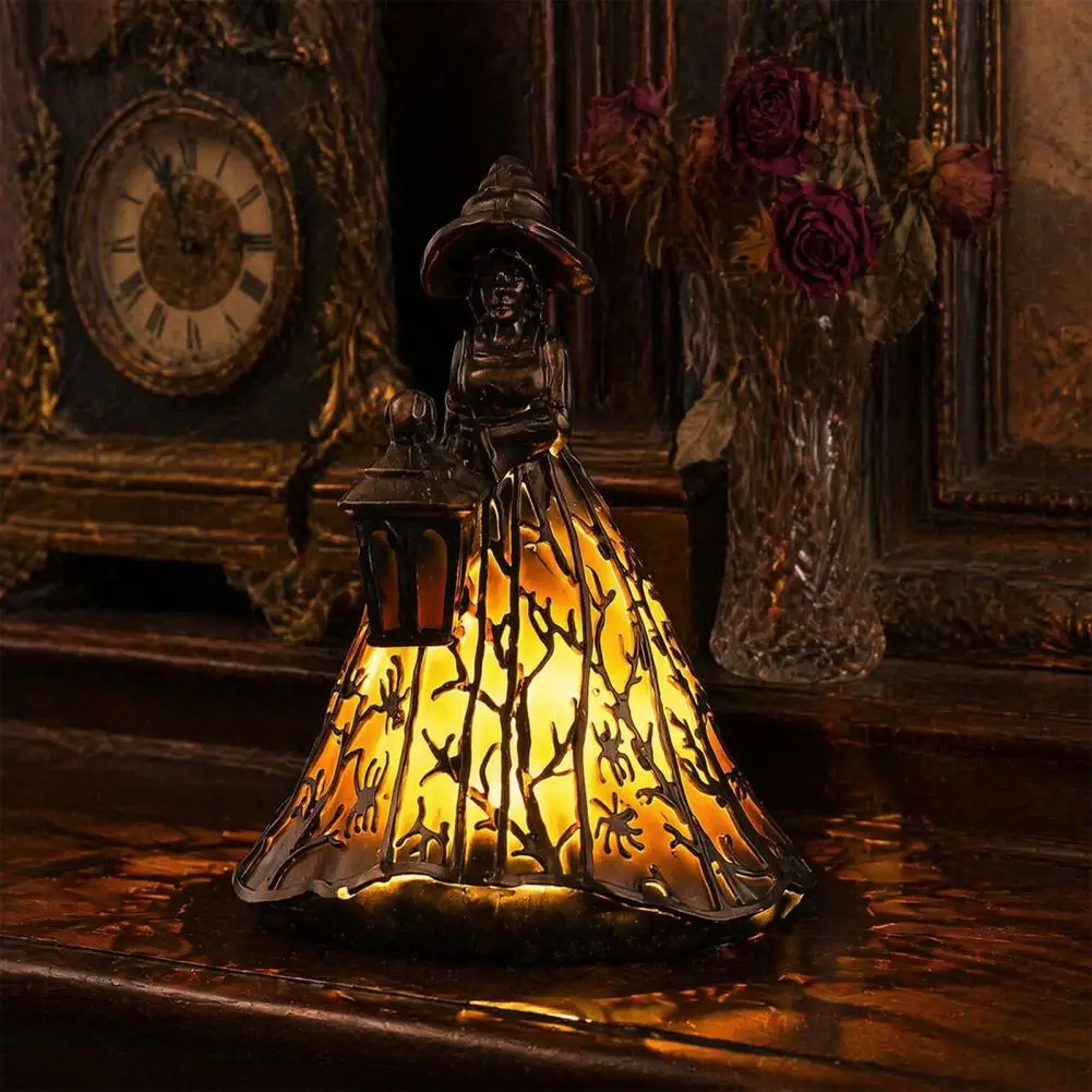 Handmade Decor Halloween Witch Lamp Stained Glass Table Lamp Led Resin Lantern Night Light for Bedroom Mantel Tabletop Decor