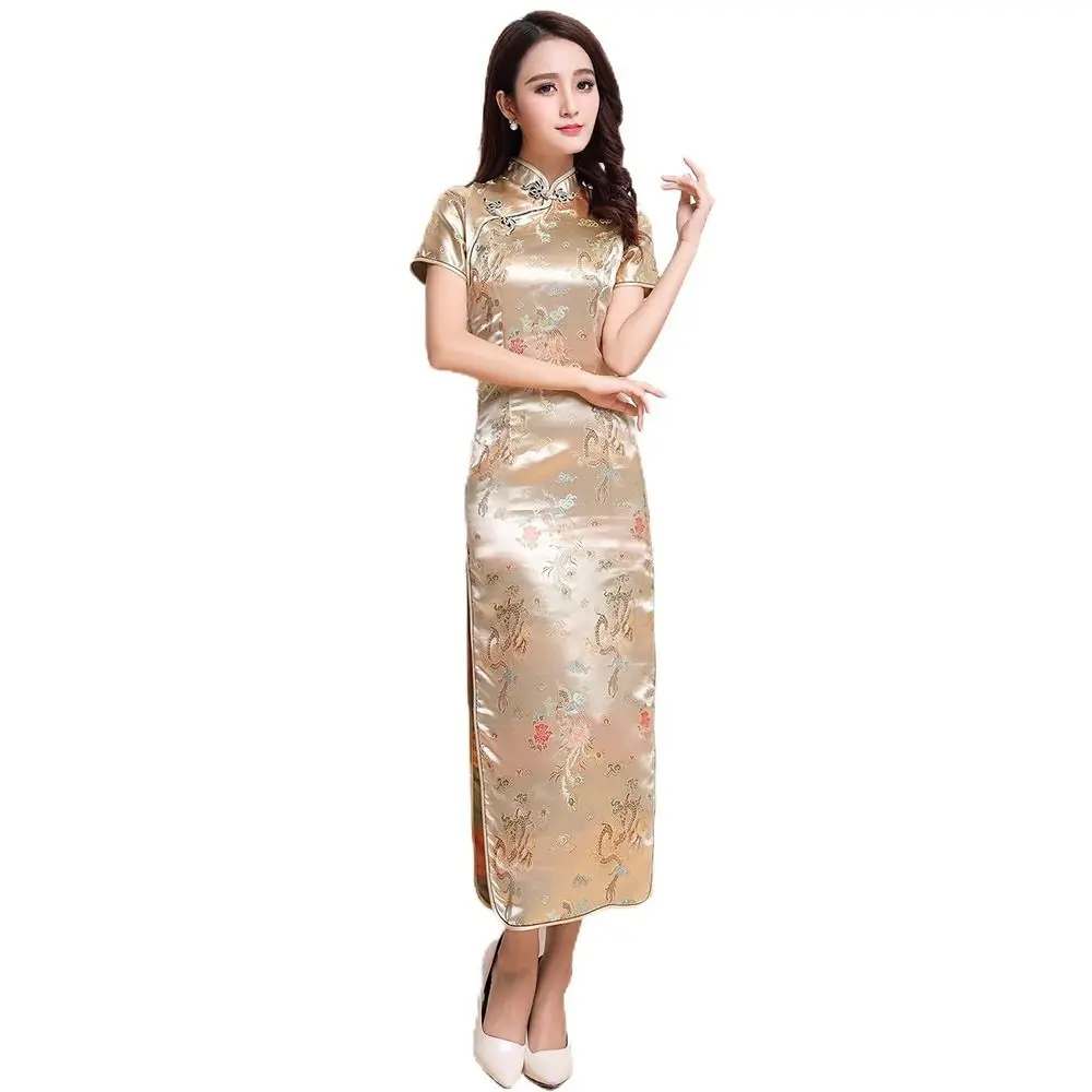 

Comfortable Short Sleeve Women Dress Vintage Mandarin Collar Chinese Qipao Maxi Side Slit Chinese Knot Buttons Cheongsam Lady