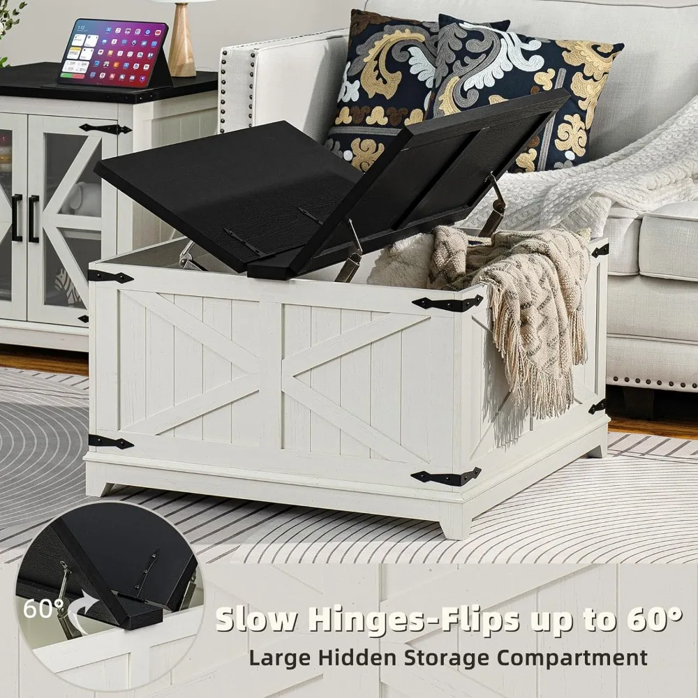 Antique Black and White Large Square Coffee Table with Hidden Storage for Living Room, Farmhouse Style Centerpiece