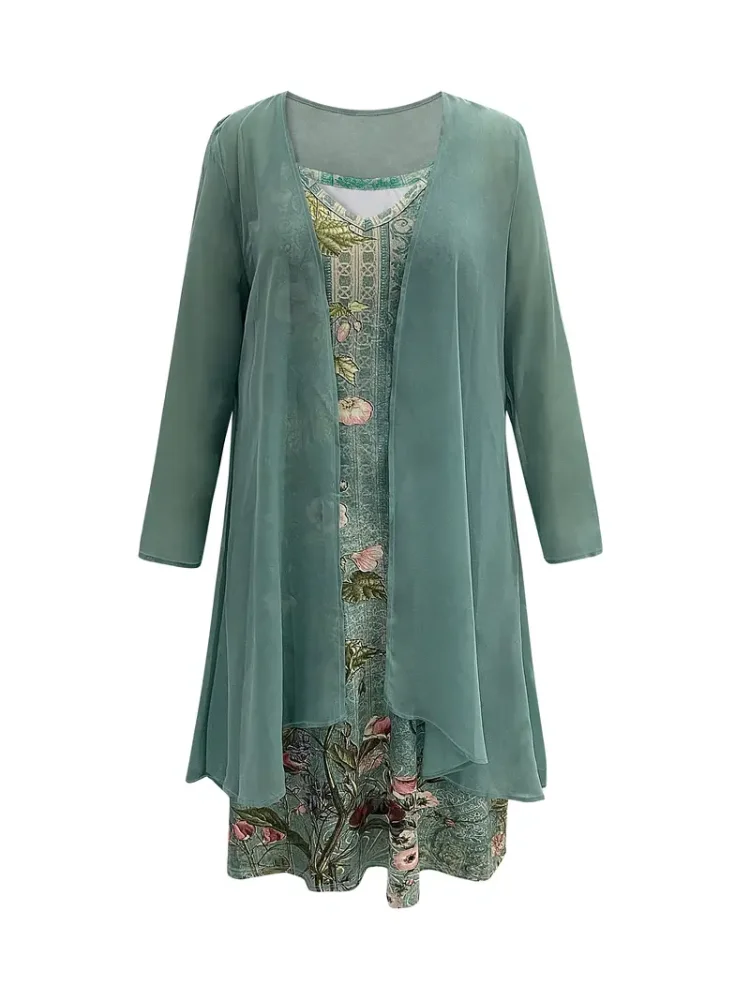 Plus Size Floral Print Dwuczęściowy zestaw z długim rękawem Otwarty przód Top i sukienka na ramiączkach Stroje damskie w dużych rozmiarach