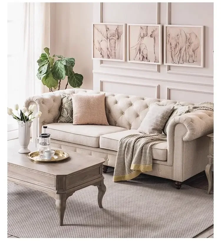 

Solid wood sofa living room fabric buckle three people straight row furniture