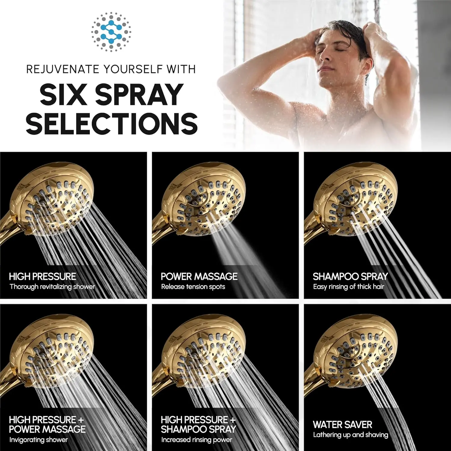 Gold Hand Held Shower Head, 4.5 inch 6 Spray Setting Handheld Showerhead with Extra-Long Hose, Experience Comfort and Elegance