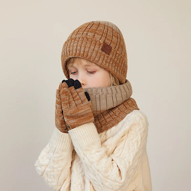 Ensemble bonnet écharpe et gants pour enfants, bonnet en fil de laine, bonnet tricoté à rayures, doublure sourire, garçons et filles, garde au