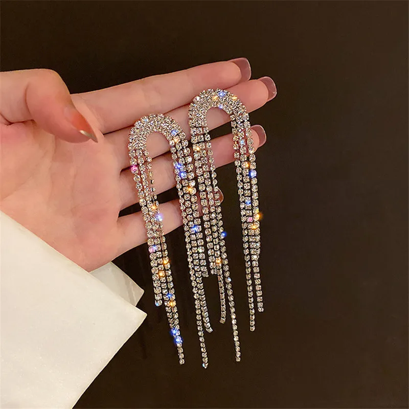 Fashion Statement Earring Long Full Rhinestone Big Earrings For Women Shining Tassel Dangle Earrings Wedding Jewelry Gift