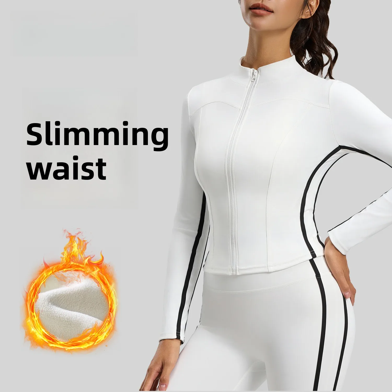 Women Warm Fleece Lined Zip Up Yoga Jacket Stand Collar Side Stripes Thumb Hole Slim Fit Long Sleeve Gym Athletic Workout Top