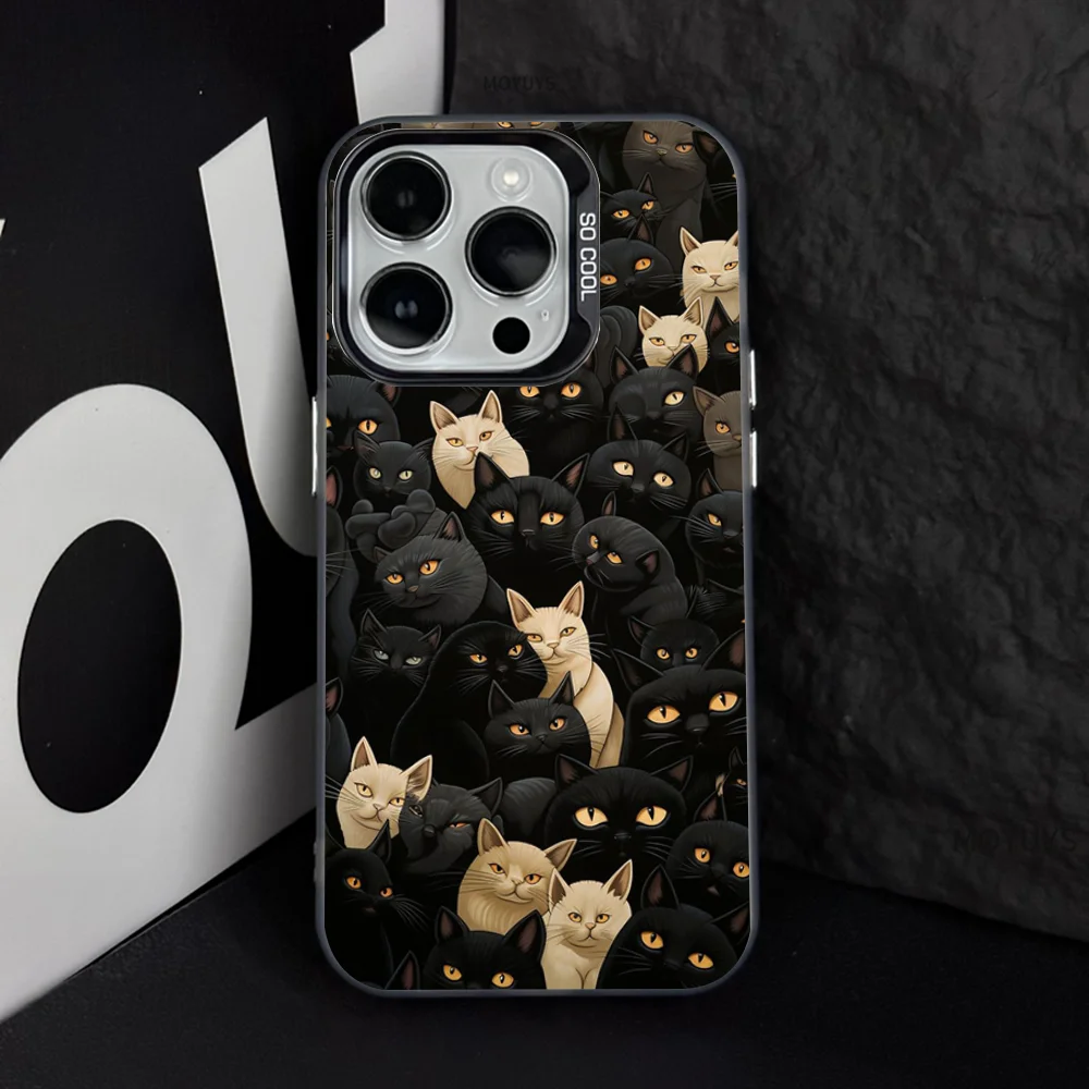 Black Cat Art Phone Case IMD Color Silver Shell For IPhone 16 15 14 13 12 Pro Max Plus