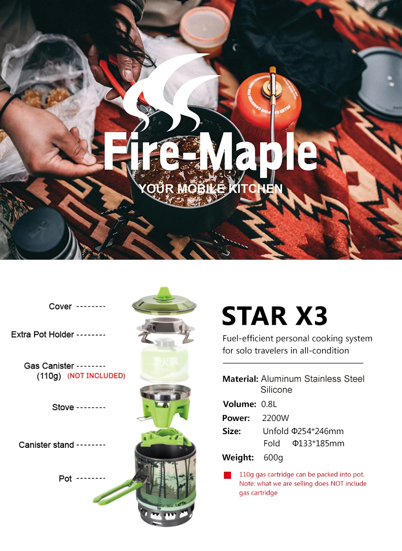Fire Maple Camping Gas Burners Outdoor Solo Backpacking Cooking System 2200W 0.8L 600g with Piezo Ignition Gas Stove FMS-X3