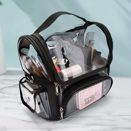 Soporte para brochas de maquillaje, mochila, Estuche De Viaje para artista de maquillaje, bolsa organizadora de cosméticos transparente e impermeable con correa ajustable y divisor