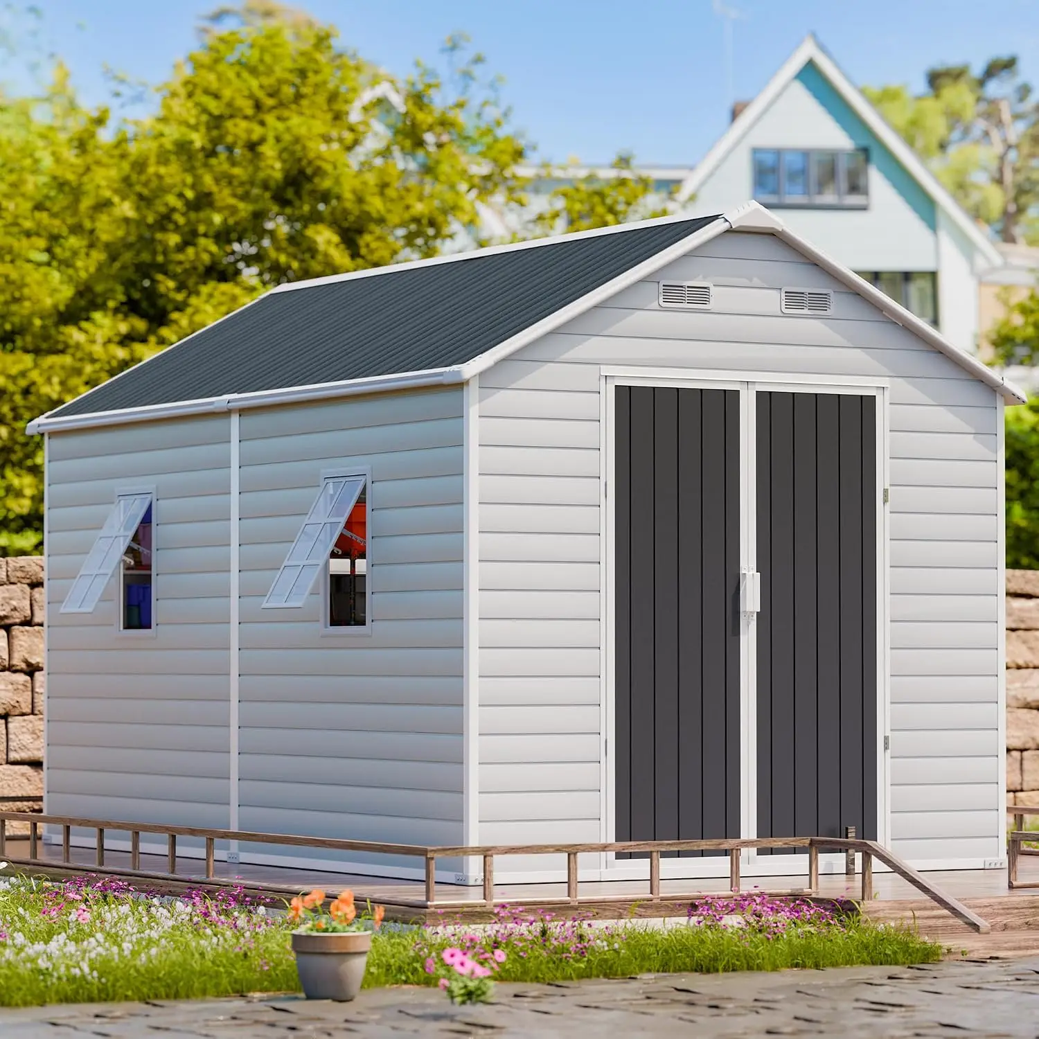 Extra Large Resin Storage Shed w/Floor & Steel Reinforcement, 8x12 FT, Customized