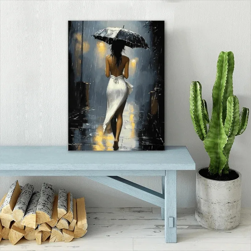 [Estilo elegante] Arte en lienzo de noche lluviosa romántica sin marco – Elegante escena de calle con paraguas, perfecta para sala de estar, dormitorio