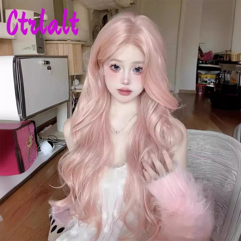 Wig Cosplay merah muda gelombang panjang sintetis wig tahan panas bagian tengah wig Lolita alami untuk wanita