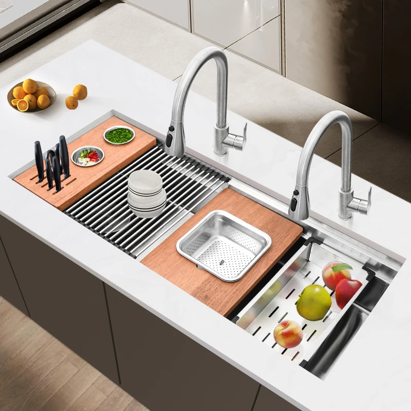 British Design Oblong Shape Single Bowl Kitchen Sink Multifunctional with Faucet Spray Stainless Steel Silver