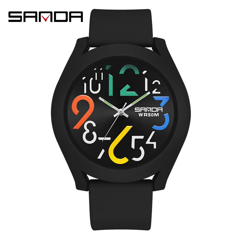 Sanda-Montre à quartz pour hommes et filles, bracelet en silicone, étanche, créative, simple, rouge, horloge décontractée, nouvelle mode, 9021, 2023