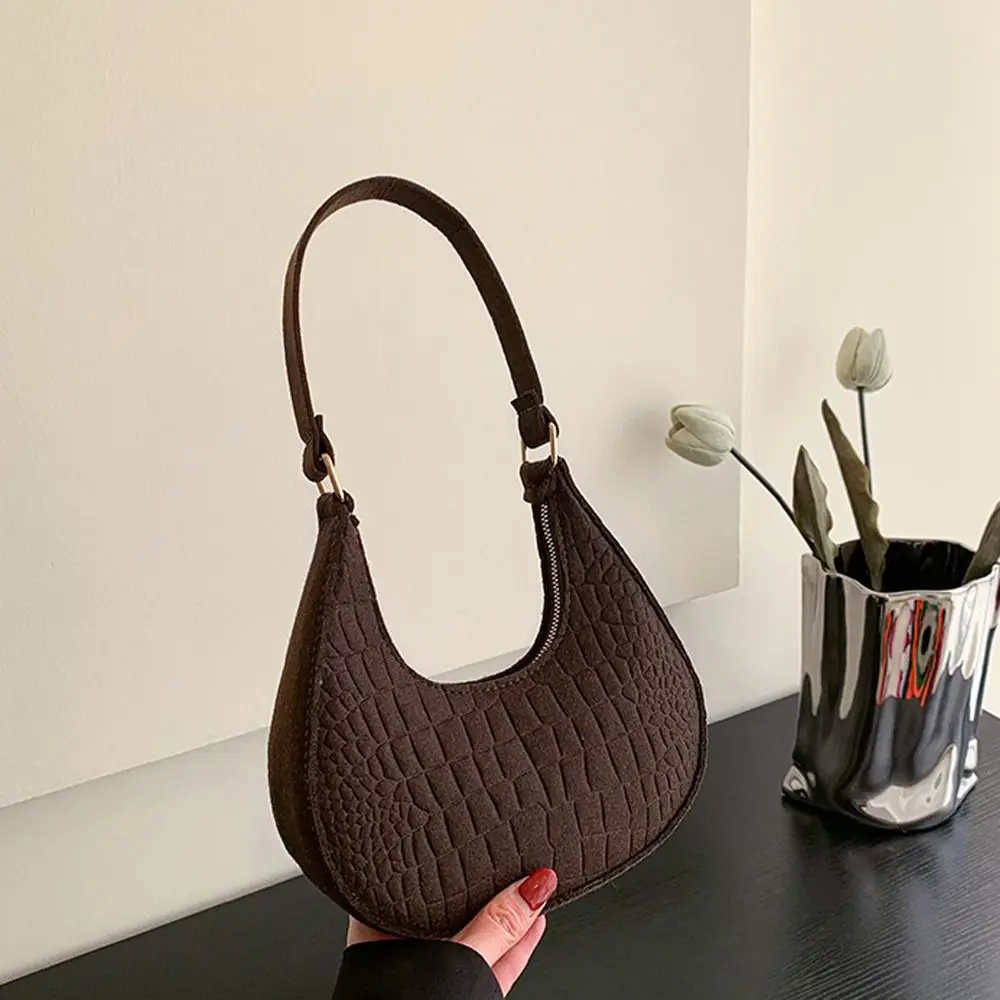 Women\'s Crocodile Grain Underarm Bags Felt Fashion Shoulder Bag Cute Simple Handbags Female Purses