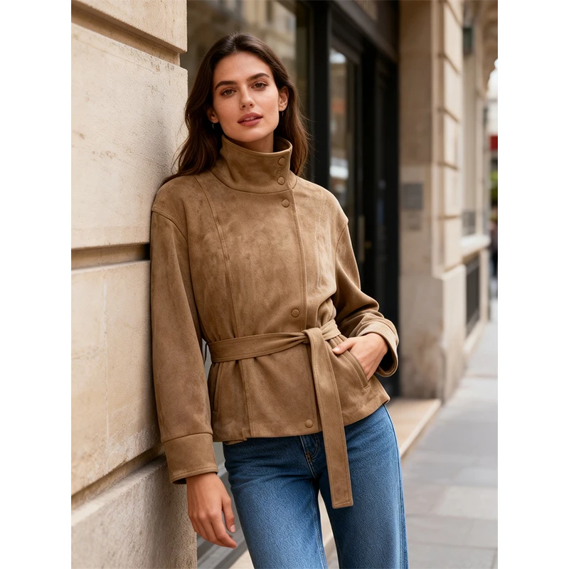 Women's Jackets Coats Fashion With Belt Suede Jacket Autumn Winter Women Stand Collar Long Sleeve Coat Streetwear New Outerwear