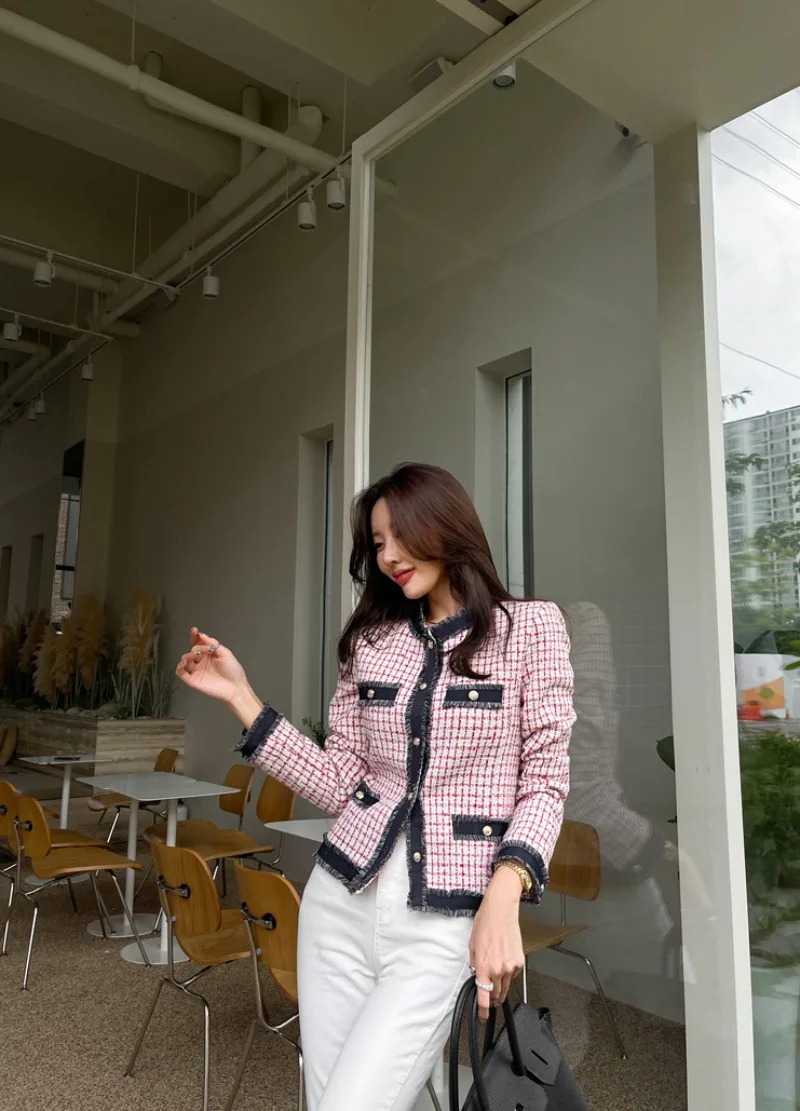 Hmsevenjz 트위드 격자 무늬 모직 코트 여성용 가을/겨울 오 넥 긴팔 싱글 브레스트 프린지 자켓 여성 의류