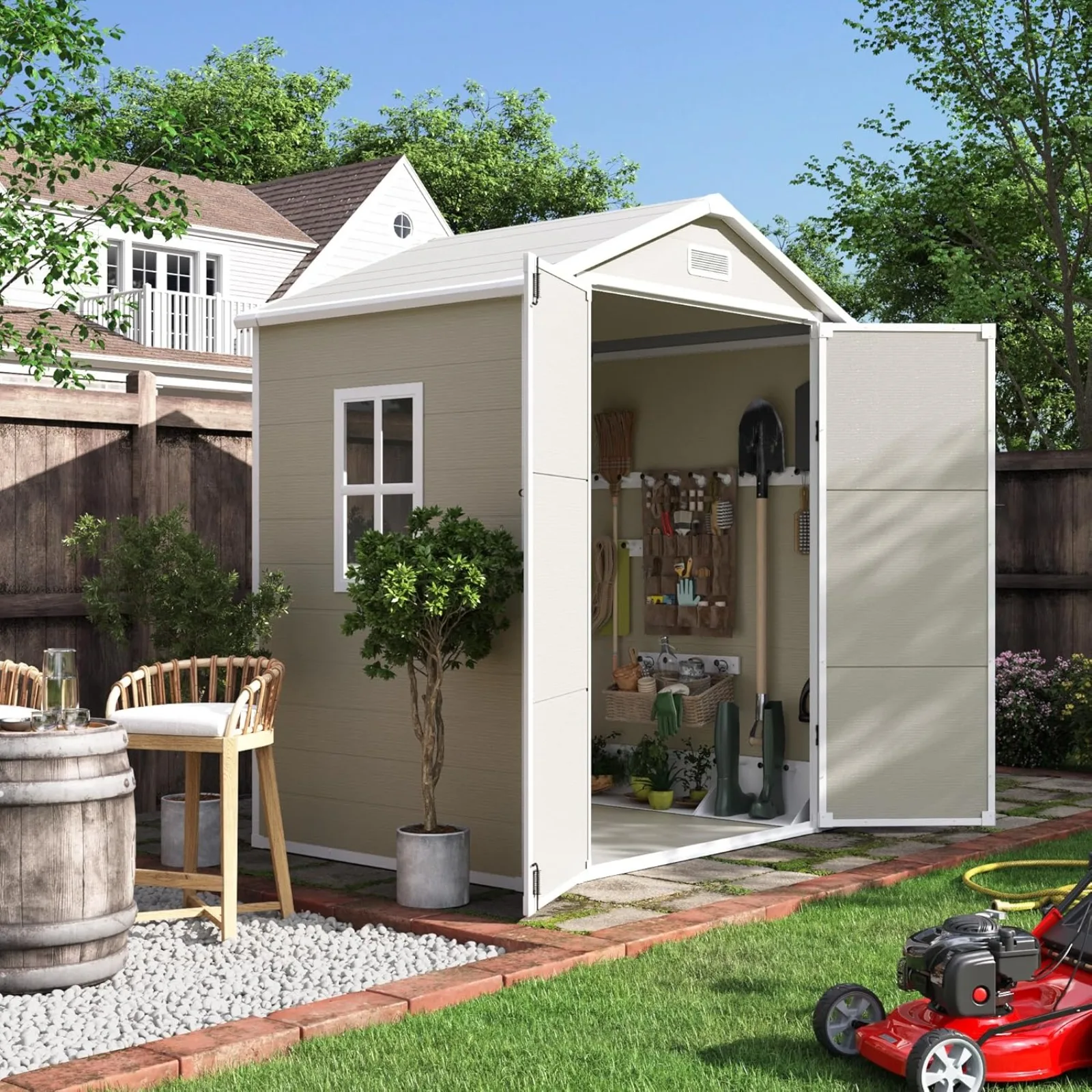 US Outdoor Storage Shed 6x4.5 FT, Plastic Resin Outside Sheds & Outdoor Storage for Trash Can, Bike, Lawnmower, Generator, Tool