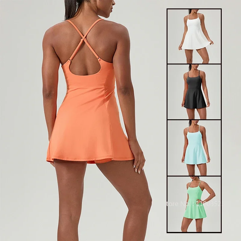

Women's Adjustable Straps Sports Tennis Dress Ladies Sexy Hollow Back Running Dresses Sleeveless Fitness Tennis Skirts GYM