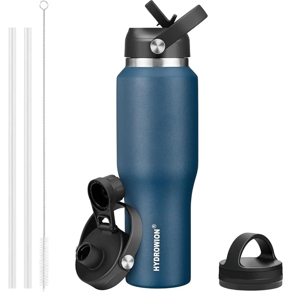 

Double Wall Vacuum Insulated 32oz Stainless Steel Water Bottle with Two Lids, Fits Car Cup Holder, Cobalt Blue