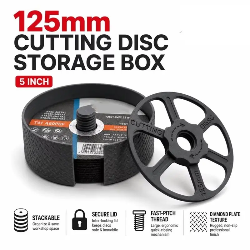SHGO-125Mm Cutting Disc Storage Box 5 Inch Stackable Angle Grinder Disc Holder With Screw Locking Lid Black