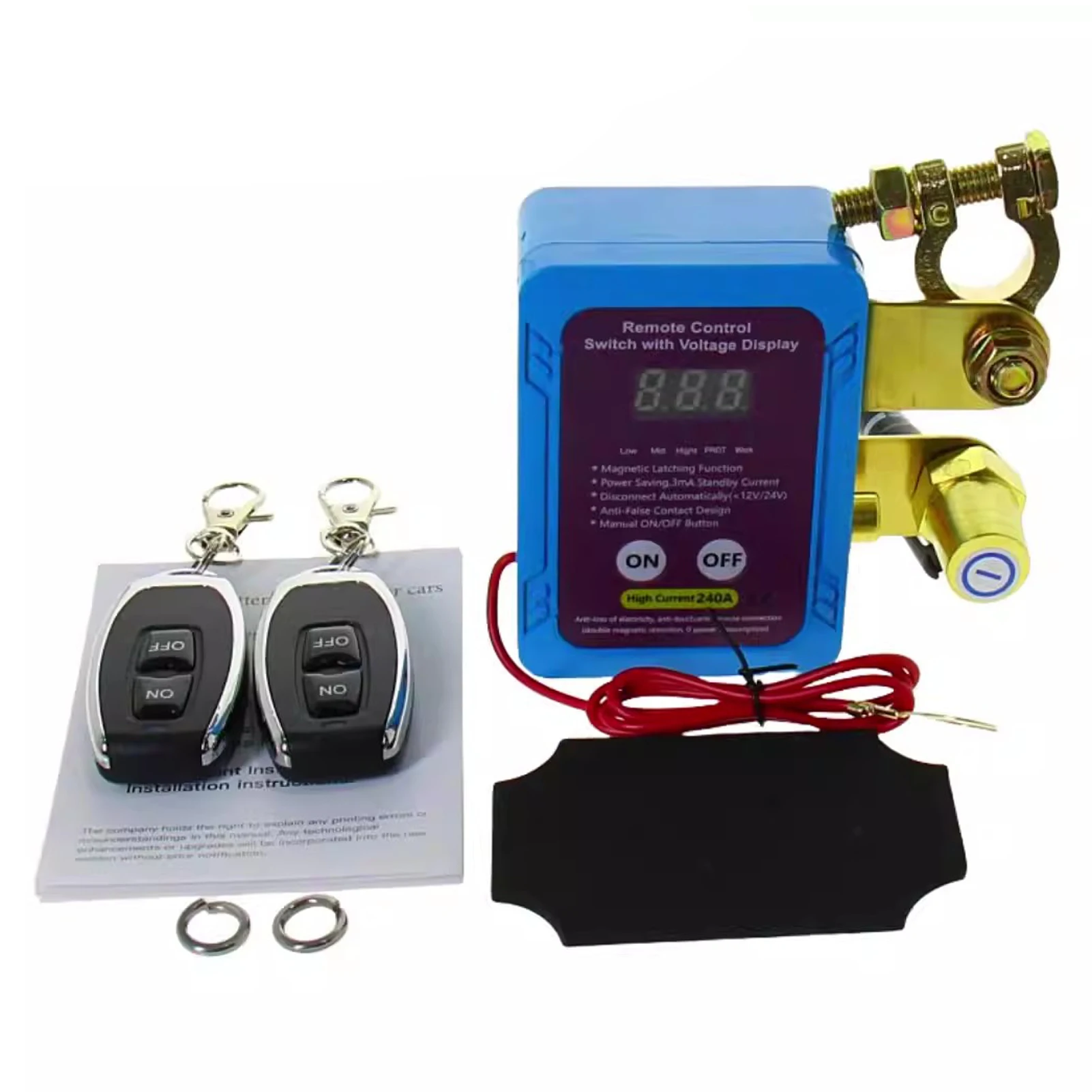 Afstandsbedienbare schakelaar voor het loskoppelen van de accu, 12V 24V digitale spanningsmeter, diefstalbeveiligingsschakelaar voor auto's, voorkomt dat de accu leeg raakt, schakelaar om de