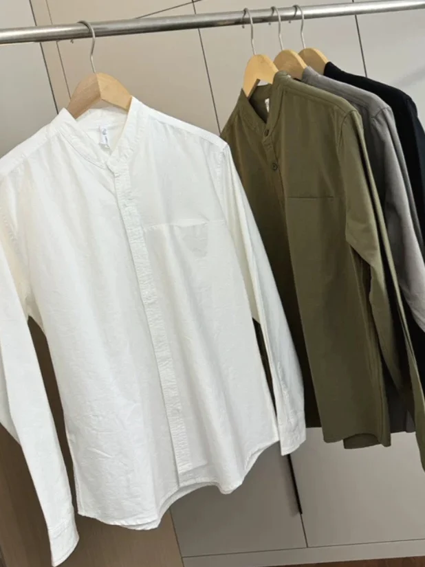 

Premium Cotton Linen Workwear irt Men's Stand Collar Design ket Slim Fit Long Sve Linen Breathable Zhongan Collar S...